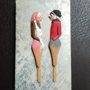 Pair of Vintage Wood  Letter Opener Bookmark Hand Carved Hand Painted